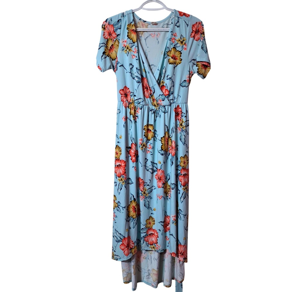 PinkBlush XL Maternity Dress Blue Tropical Floral Wrap High Low Summer Boho